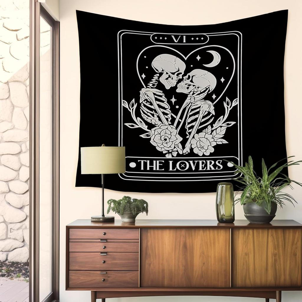Gothic Skeleton Tapestry Goth Skull Couples Tapestry Wall Hanging Witchy the Lovers Tarot Card Wall Blanket Backdrop Decor for