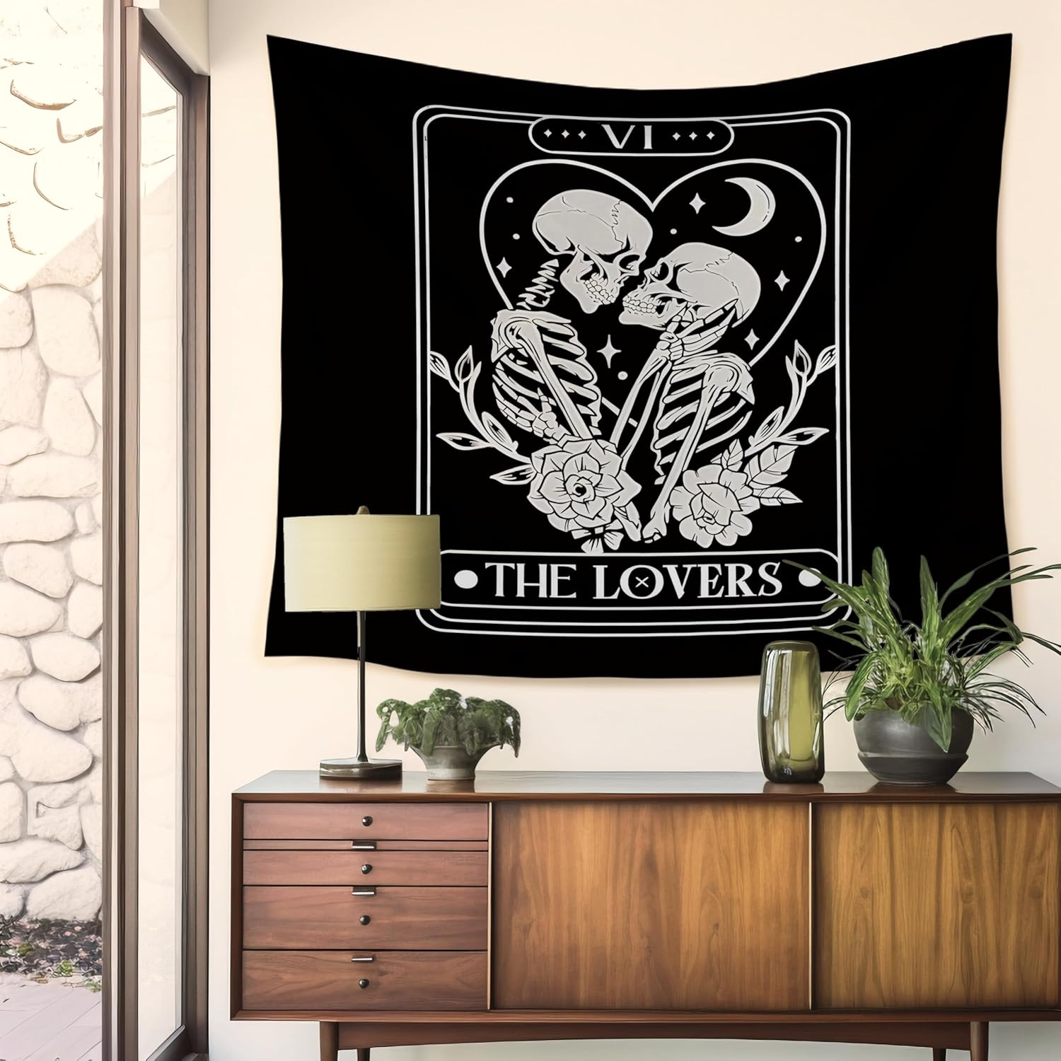 Gothic Skeleton Tapestry Goth Skull Couples Tapestry Wall Hanging Witchy the Lovers Tarot Card Wall Blanket Backdrop Decor for 100X70CM