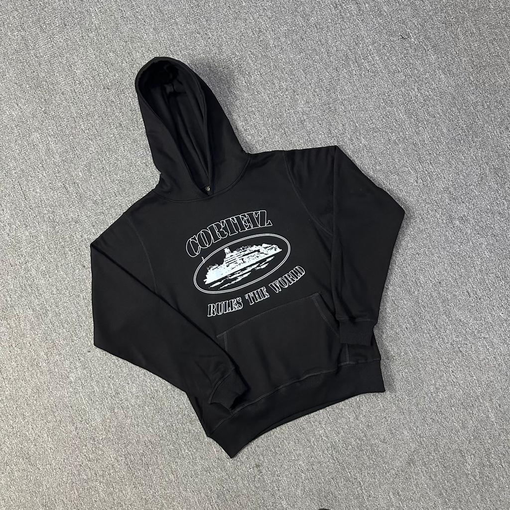 Corteiz Classic Series Ship Print Logo Thin Plush Loop Hooded Sweater, Trendy Men's and Women's Casual Sweatpants