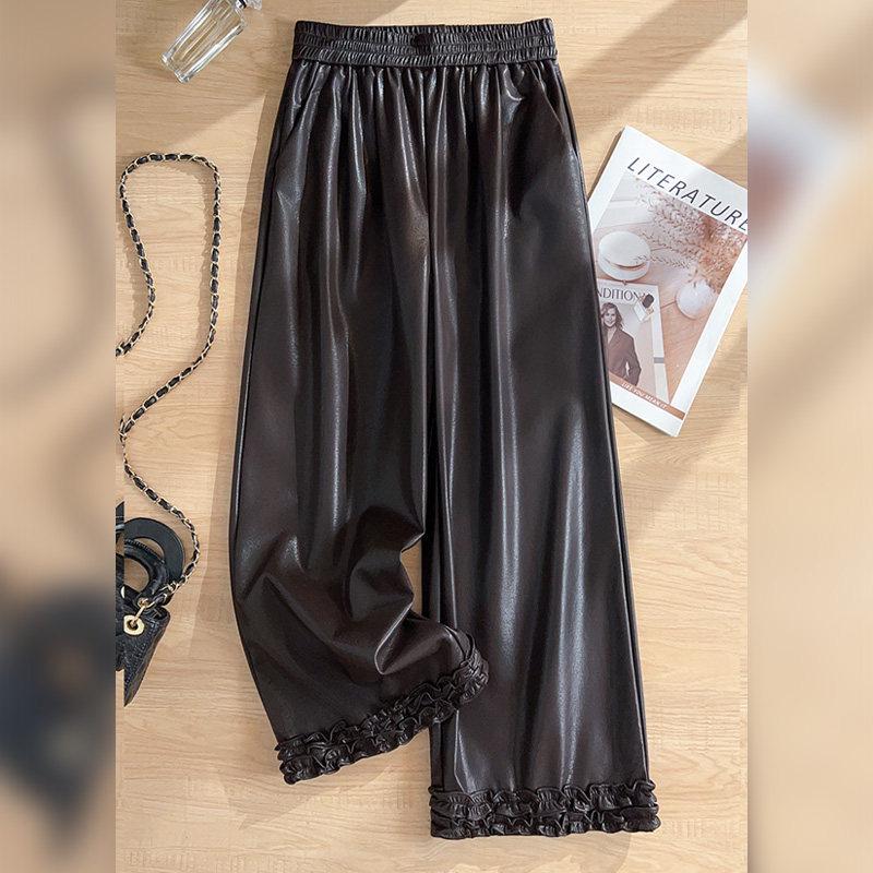 

Women s High-End Black Cropped Lace Leather Pants - 2026 Spring/Autumn Elastic Waist Slim Wide-Leg Trousers M /27 [Recommended for 95-105 jin] кофейный