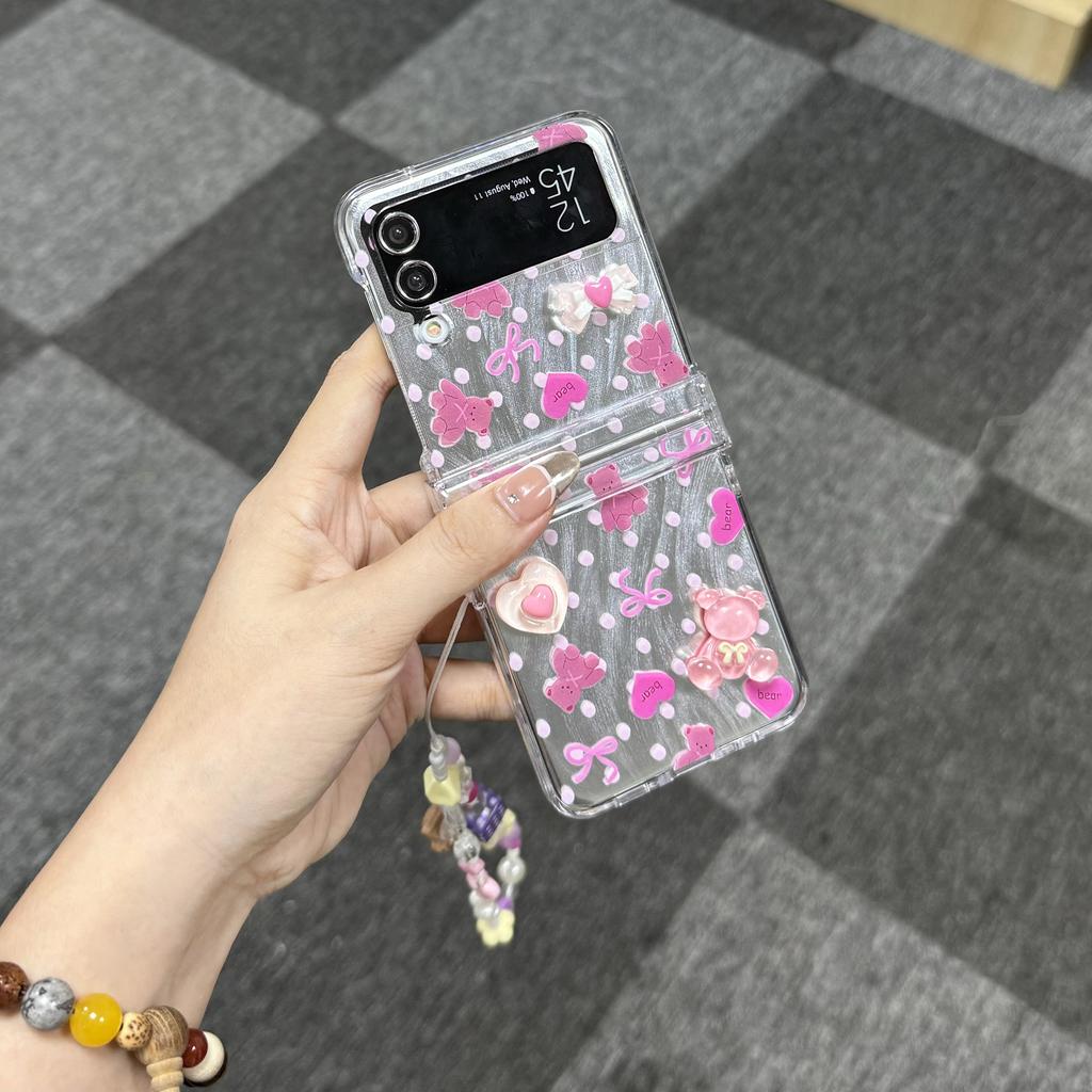 Polka Dot Love Bear Folding Phone Case with Chain Cute Girl Phone Accessories for Galaxy Z Flip 3 4 5 6