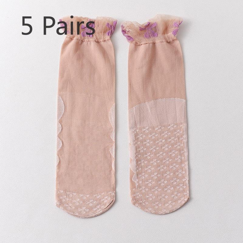 5 Pairs of Lace Women's Lace Loose Neckline Maternity Socks, Ultra-thin Breathable and Anti-slip Cotton Sole Anti-hooking Short Silk Socks