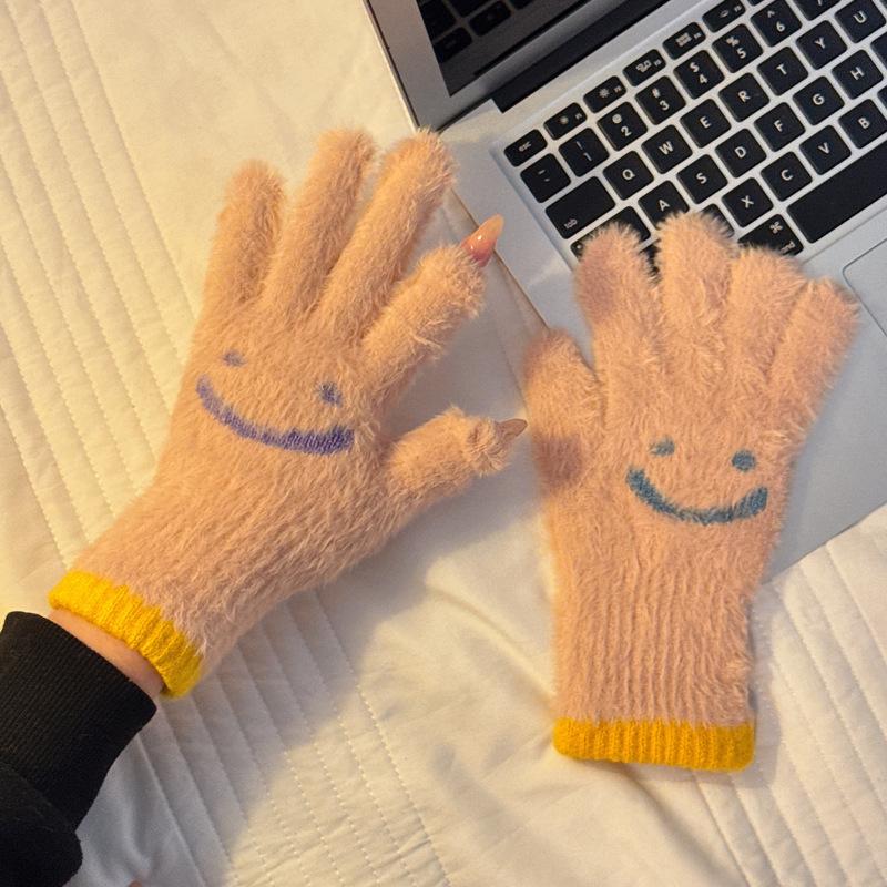 Winter Niedlich und Gut Aussehend Neu Lächelndes Gesicht Touchscreen Fingerlos Verdickt Warm und Kältefest Radfahren Studentenhandschuhe für Mädchen