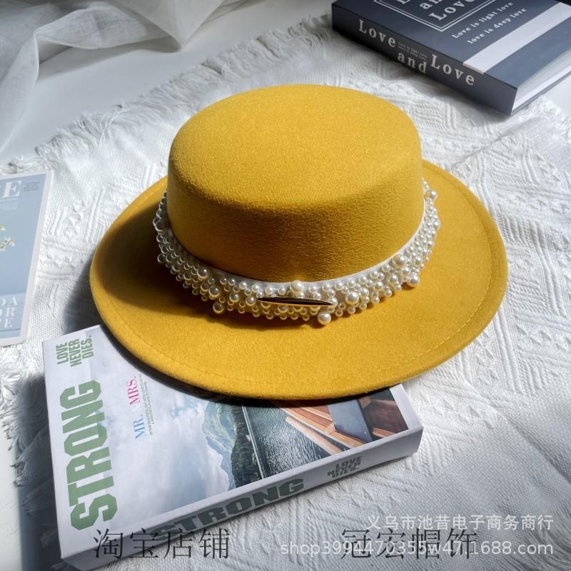 White Pearl Flat Top Woolen Top Hat Female Autumn and Winter British Retro Socialite Elegant French Wide Brim
