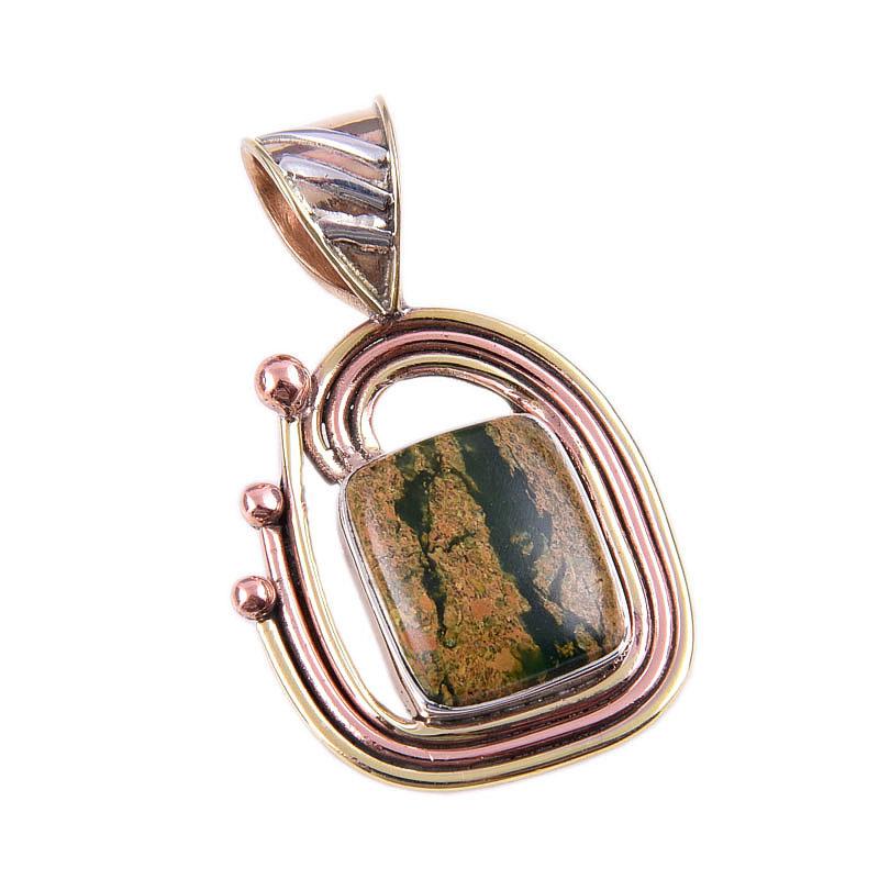 Natural Rhyolite Gemstone 925 Solid Sterling Silver Two Tone Pendant 1.50" h1Q49