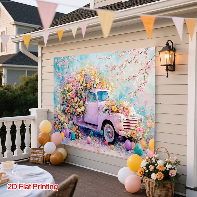 2D Colorful Easter Egg Truck Backdrop for Holiday Celebrations