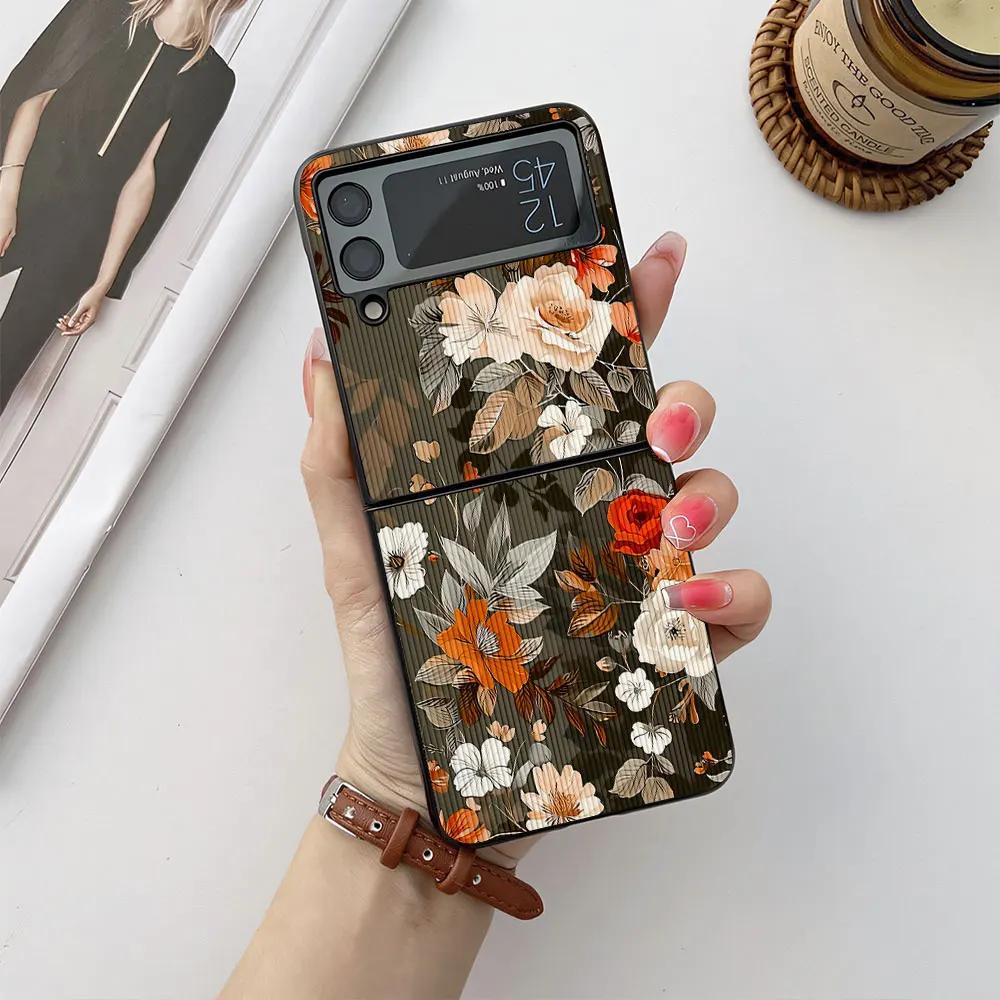 Case For Samsung Galaxy Z Flip 6 5 4 3 Phone Case Flower Butterfly Leather-Grain Shockproof Cover For Galaxy Z Flip6 Flip4 Flip5