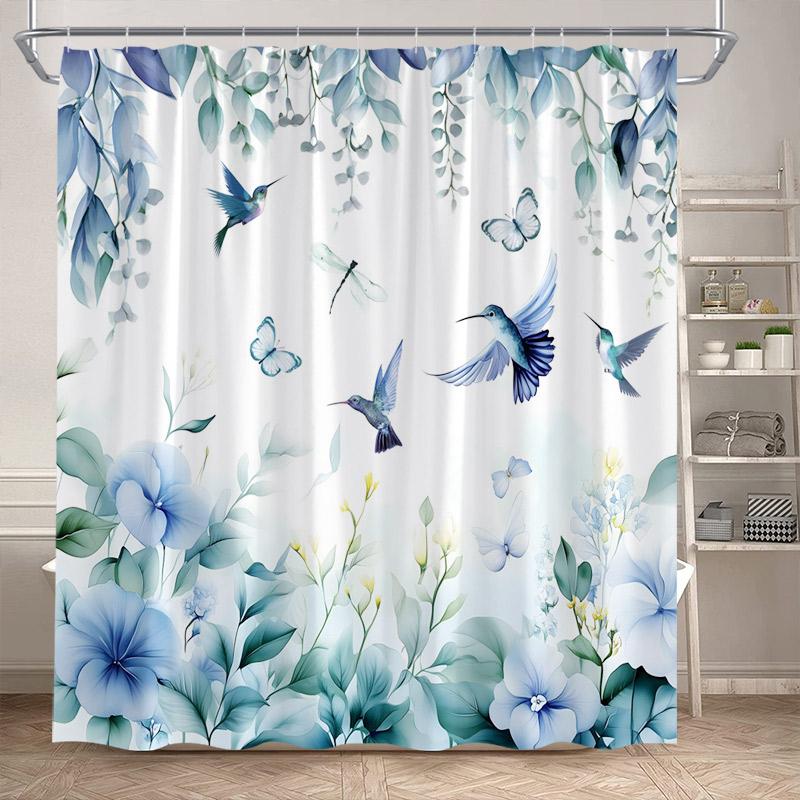 Butterfly Floral Shower Curtains Watercolor Purple Lavender Hummingbird Dragonfly Flower Plant Bathroom Curtain Decor with Hooks