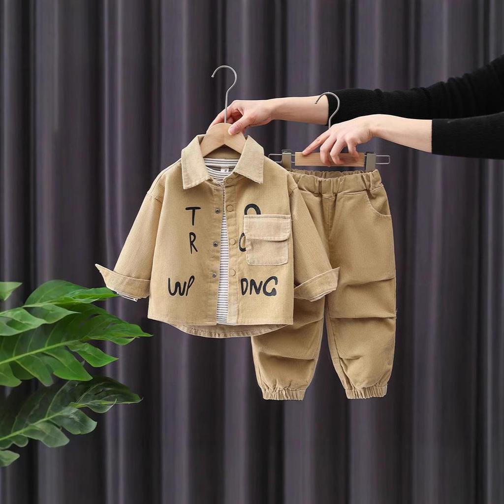 2024 Korean Style Toddler Letter Print Corduroy Sports Set - Spring/Autumn