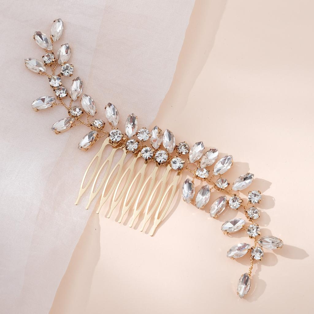 Wedding Hair Accessories Gold Rhinestone Hair Comb Wedding Banquet Updo Hair Ornaments Crystal Leaf Bridal Comb