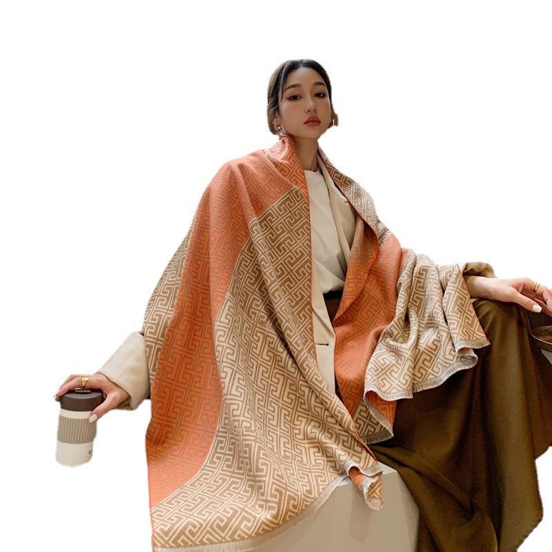 Autumn and winter double-sided jacquard imitation cashmere thick scarf women's versatile high-end shawl thickened warm scarf