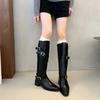Fashion Winter Designer Pointed Toe Women Knee High Boots Fashion Belt Buckle Slip On Shoes Concise Thick Heel Knight Long Booties