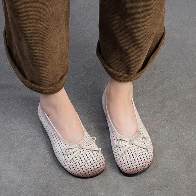 Johnature Retro Bow Flats Soft Soled Comfortable Shallow Hollow-out Breathable Casual Women's Shoes
