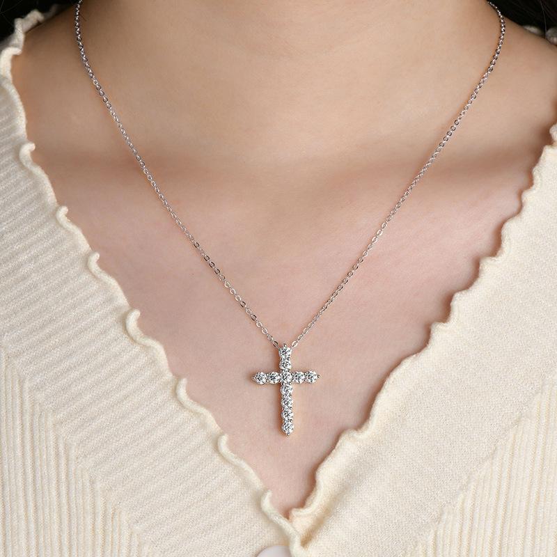 Shiny Cubic Zirconia Cross Pendant Necklace Silver Plated Christian Religiou JewelryDainty SparklyChai Necklace Gift for Women Girls Faith Accessory