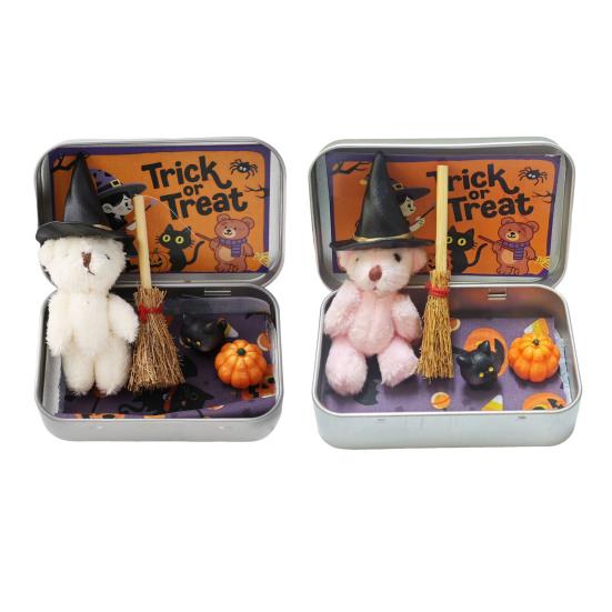 Halloween Bear In A Box Handmade Cute Witch Bear In A Tin for Trick or Treat Miniature Plush Bear with Broom Pumpkin Cat Halloween Party Gift
