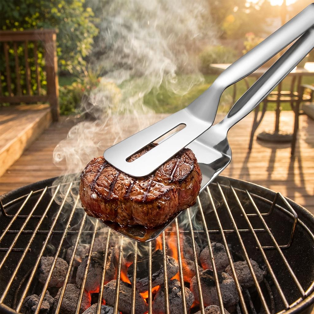 Stainless Steel Steak Clip - Heavy Duty Barbecue Tongs with Spatula, Multifunctional Grill Tool for Steak, Meat & BBQ Cooking