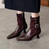 NEW Autumn Women  Pointed Toe Chunky Heel  Split Leather Shoes for Women Short Modern Boots Winter Belt Buckle Boots