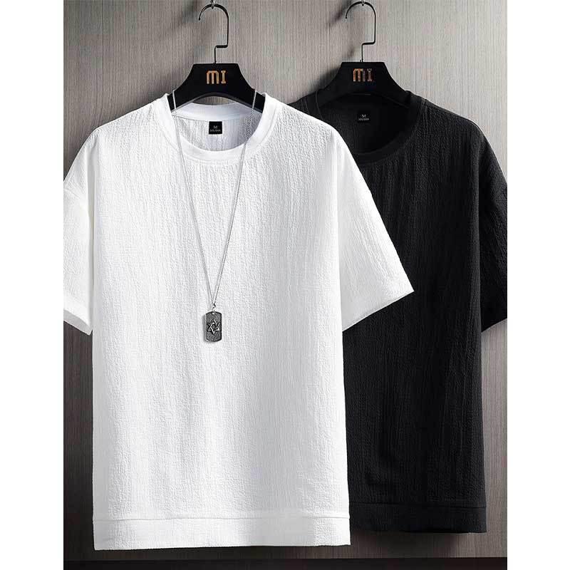 Men's 2024 Summer White Solid Color Loose Short Sleeve T-Shirt