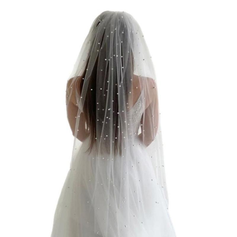 Beadwork Pearls Bridal Veil Soft Tulle Seethrough Head Veil with Easy Wear Hair Comb for Romance Wedding Photography
