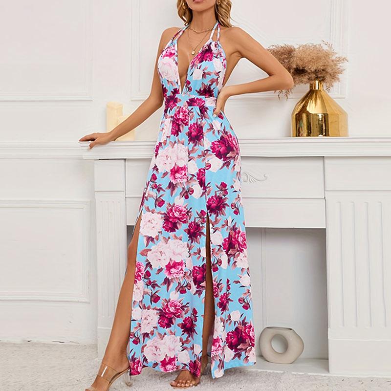 Women Summer Backless Halter Sexy Bohemian Style Flower Printed High Split Long Dress
