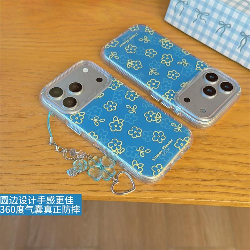 Kawaii Blue Yellow Line Floral Clear Phone Case With Matching Wrist Strap For iPhone 14 15 16 17 Pro Max INS Cute Shockproof Cov