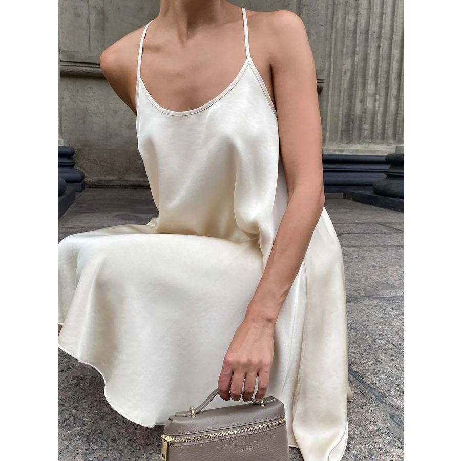 Bornladies 2026 Spring Summer New Dress Women Simple Strap Sexy Satin Backless Apricot Short Dress