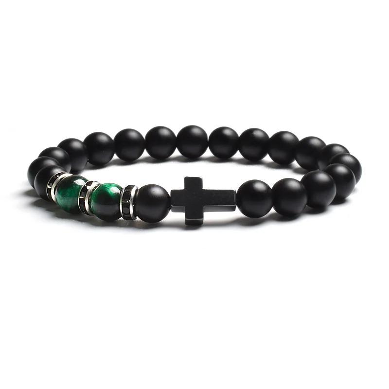 Fashion Religion Cross Men Women 8mm Natural Stone Tiger Eye & Black Matte Agates Bead Bracelet Elastic Bracelet Bangle Jewelry