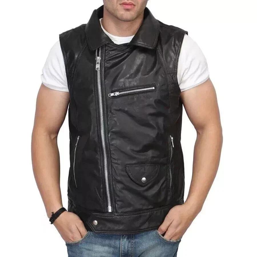 Vest Coat Zipper Jacket Men's Stylish Genuine Lambskin Stylish Leather Black Waistcoat Western