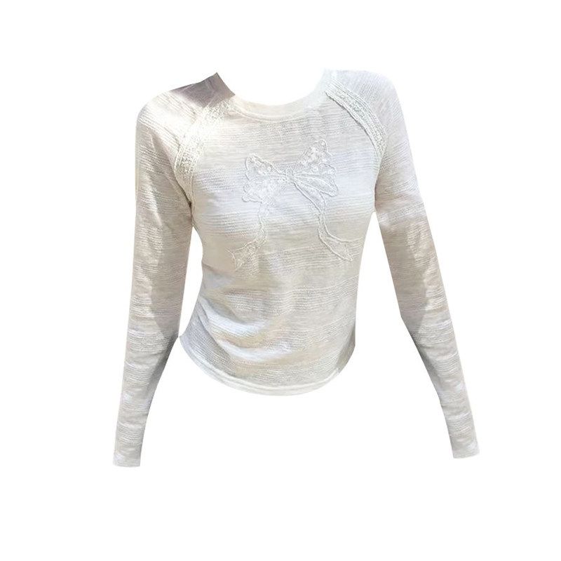 

Korean-Style White Long-Sleeved T-Shirt for Women 2026 Spring Slim Fit Inner Wear with Bow Design Short Top New Style Rice White S