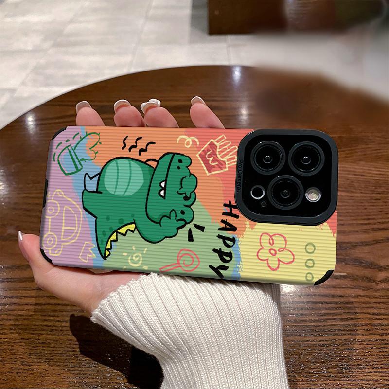 Vertical Grain Leather Cartoon Printed Soft Silicone Phone Case Back Cover with Camera Lens Full Protection for iPhone