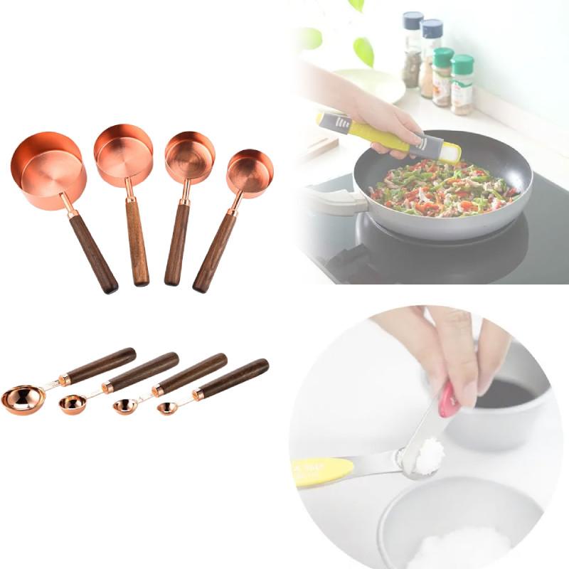 Rose Gold Stainless Steel Measuring Cup And Spoon Set With Markings For Baking And Cooking