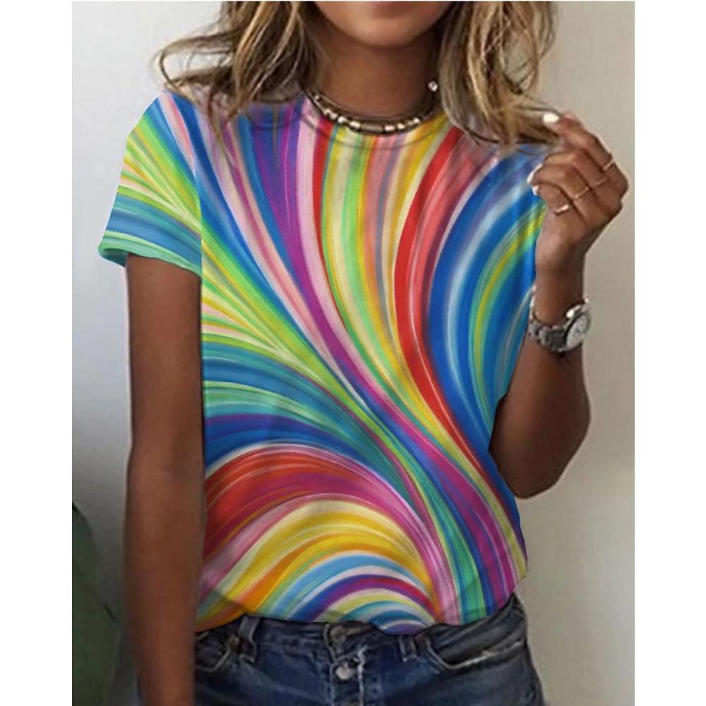 Fashion Women Retro Creative Rainbow Tie Dye Print T Shirt Funny Casual O-neck Short Sleeves T-shirt Summer Female Tee Shirt
