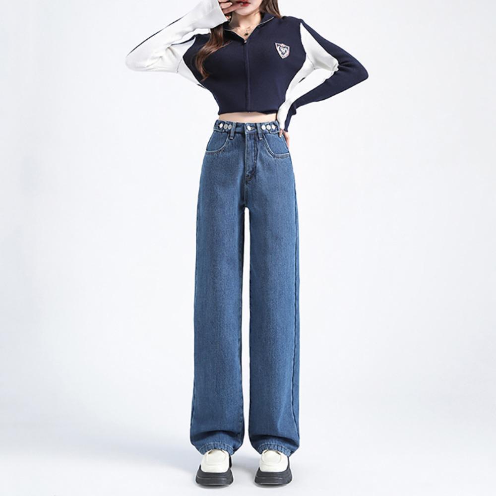 Spring and Autumn New Casual Adjustable Wide Leg Jeans Women's High Waist Skinny Straight Floor Mopping Jeans