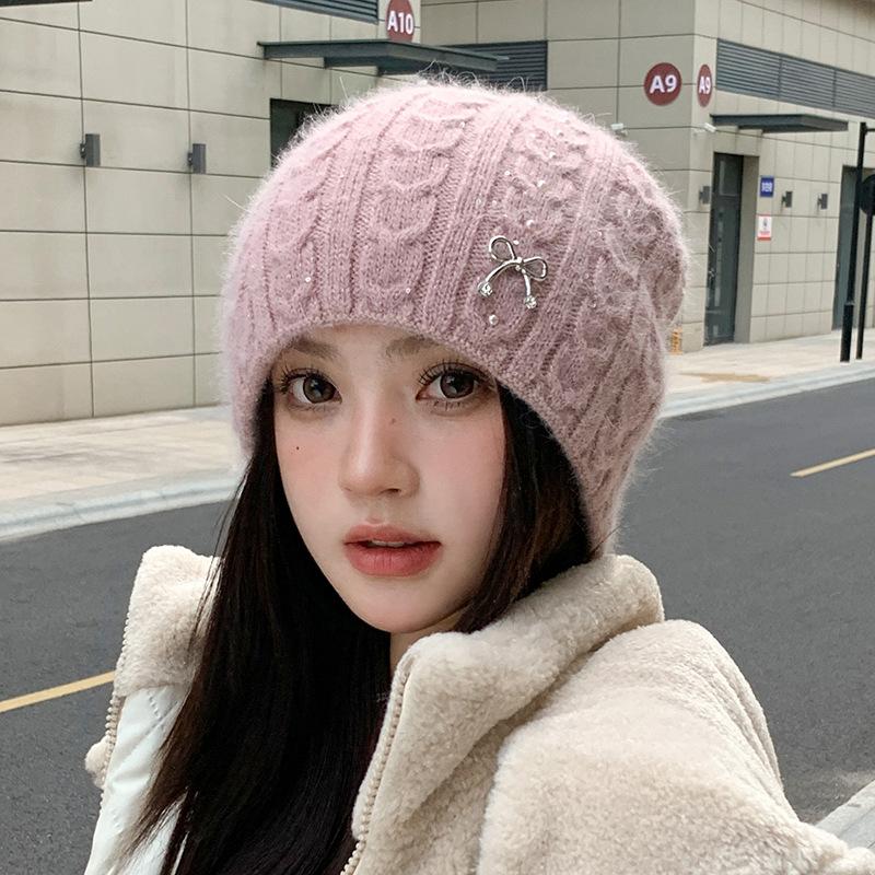 Rabbit Fur Knitted Hat Women's Autumn and Winter Thickened Cold-proof Ear Protection Hat, Wool Hat After Keeping Warm