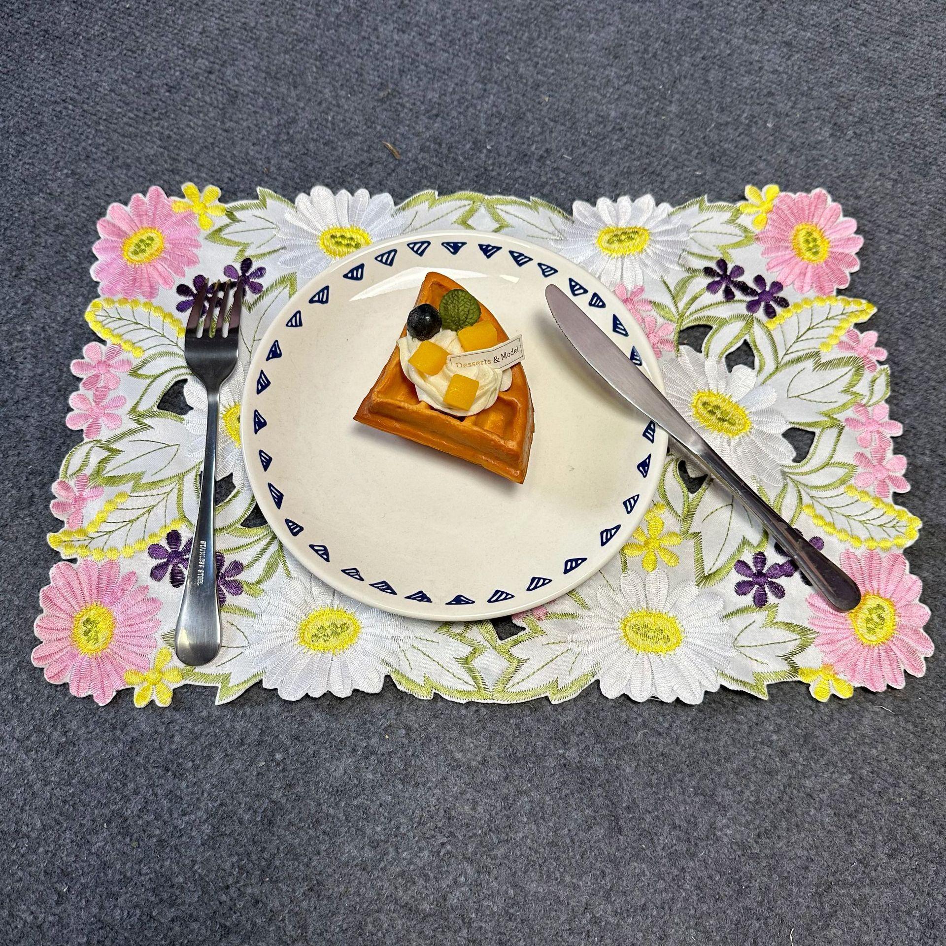 

New embroidered placemat, European style polyester fabric embroidery hollow flower leaf table mat 28*42cm