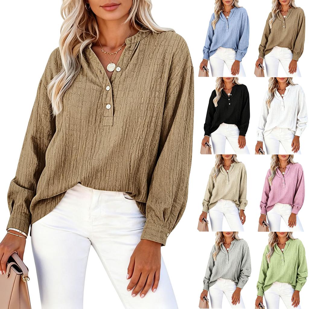 Women Long Sleeve V Neck Button Front Loose Fit Blouse Textured Fabric Casual Office Shirt