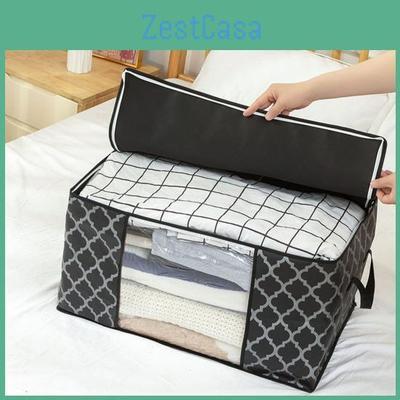 Fabric 3pcs Nonwoven Storage Bag Clear Window Zipper Heavy Duty Portable Handle Collapsible Dustproof Quilted Clothing Pouch Home Supplies