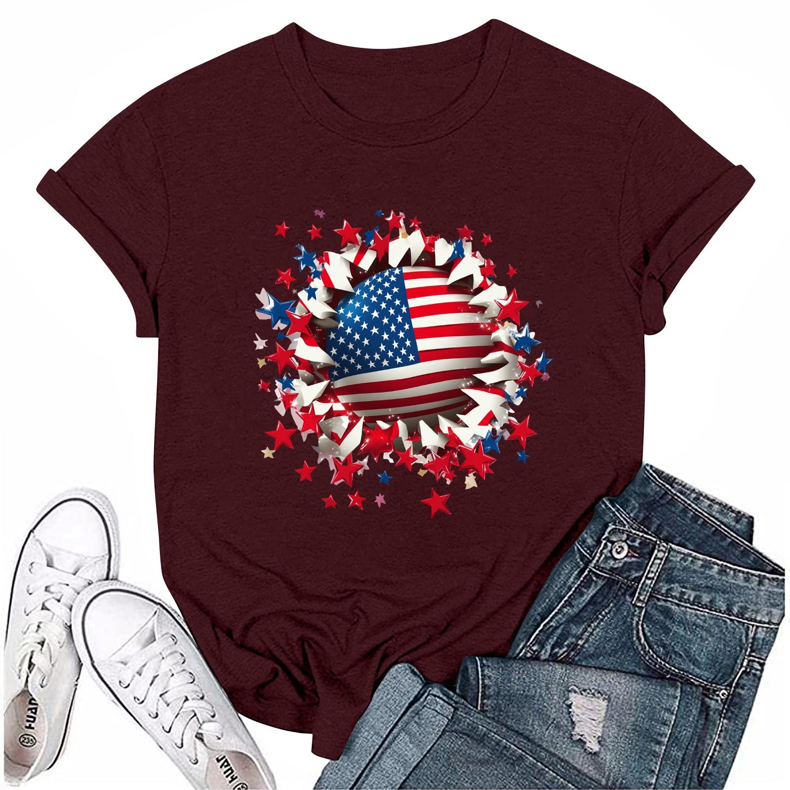 

Женская повседневная футболка с круглым вырезом и коротким рукавом с принтом «День независимости» XL винный