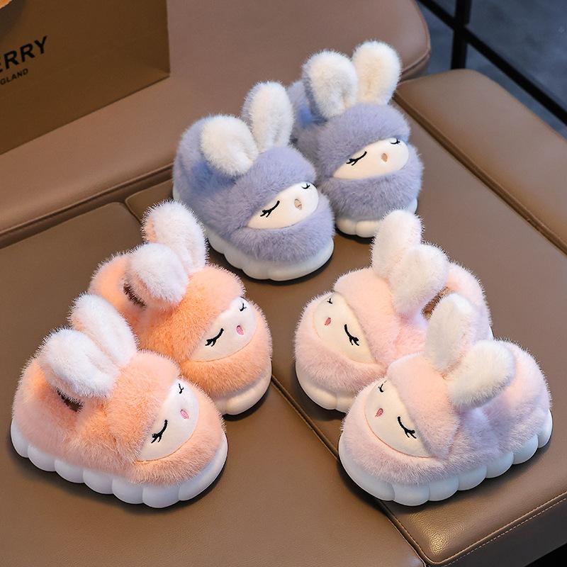 Winter Rabbit Children's Cotton Shoes for Girls, Cute and Warm, Fleece-Lined, Parent-Child Home Use, Non-Slip Thick-Soled Baby Cotton Shoes