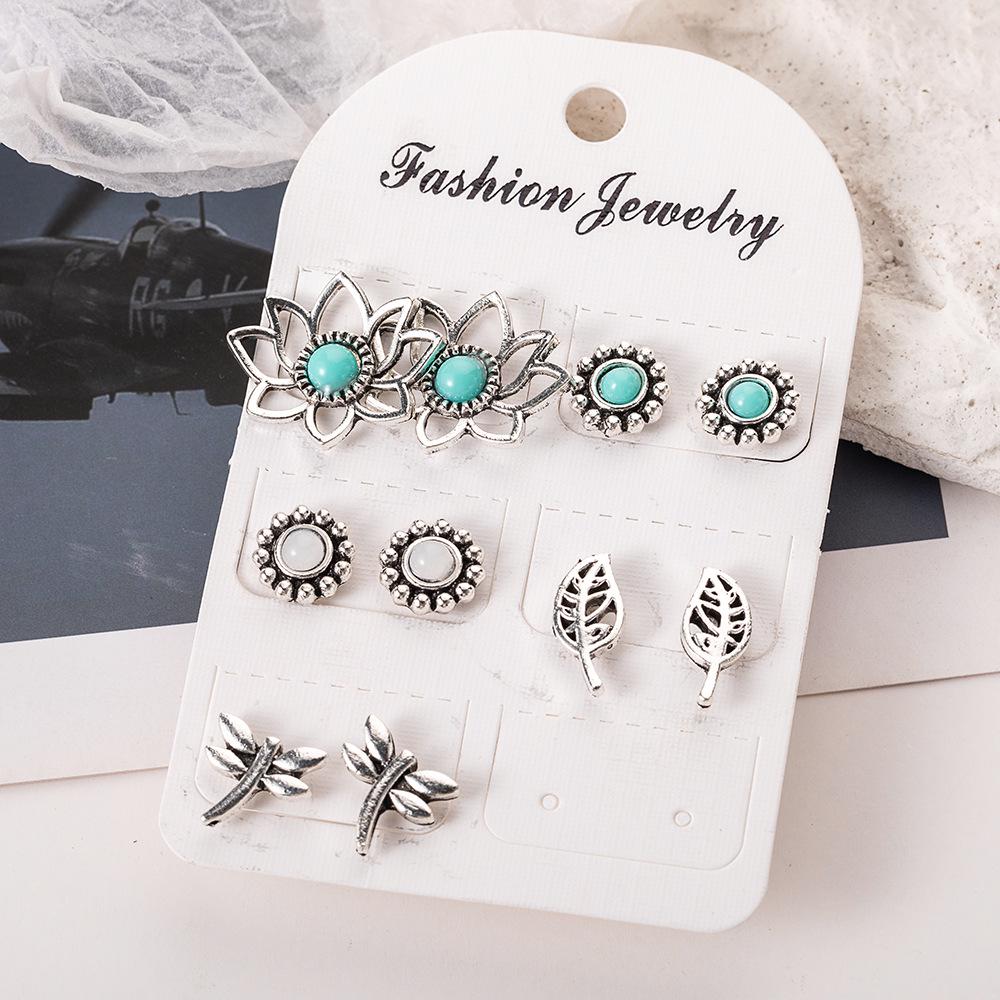 Retro Dragonfly Leaf Earrings Set: 5 Pairs with Micro-Inlaid Turquoise