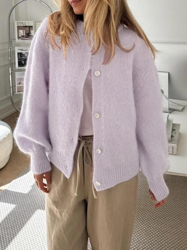 Elegante Damen-Strickjacke mit Knöpfen - Herbst/Winter Unifarbener Rundhals-Pullover