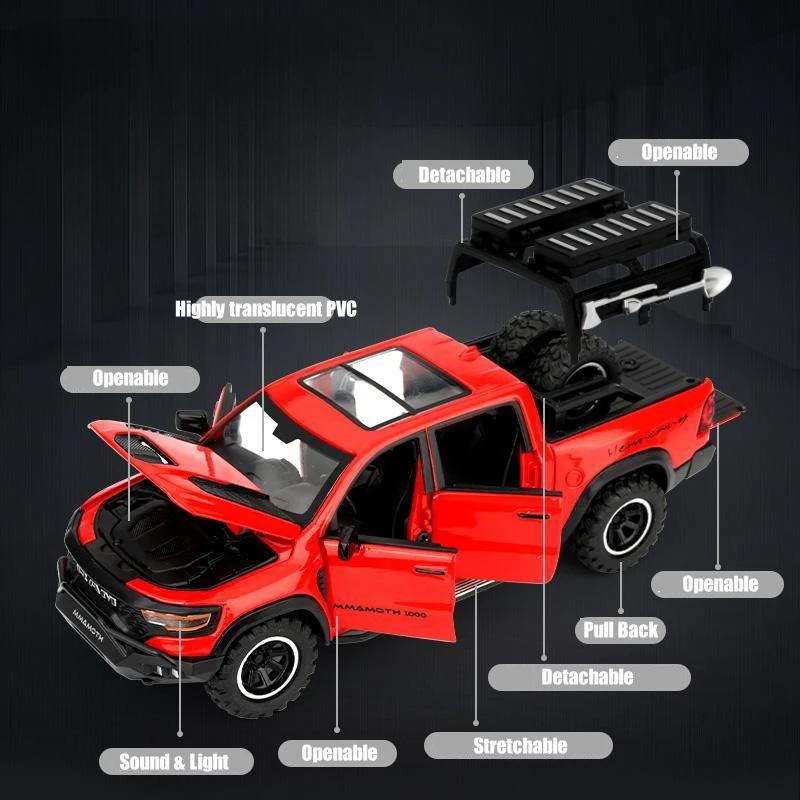 1/32 Scale Dodge RAM Mammoth Pickup Truck Off Road Alloy Toy Car Model Sound & Light Pull Back Collection Gift for Boys Children Kid
