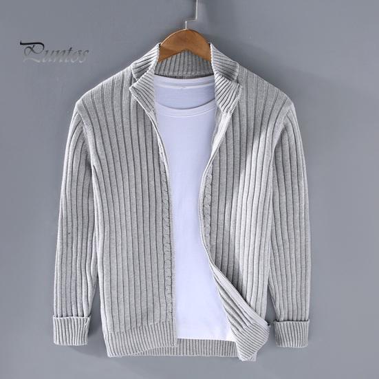 Fall Winter Men Coat Zipper Closure Knitted Cardigan Stand Collar Long Sleeves Solid Color Thick Elastic Loose Striped Texture Daily Wear Knit Jacket