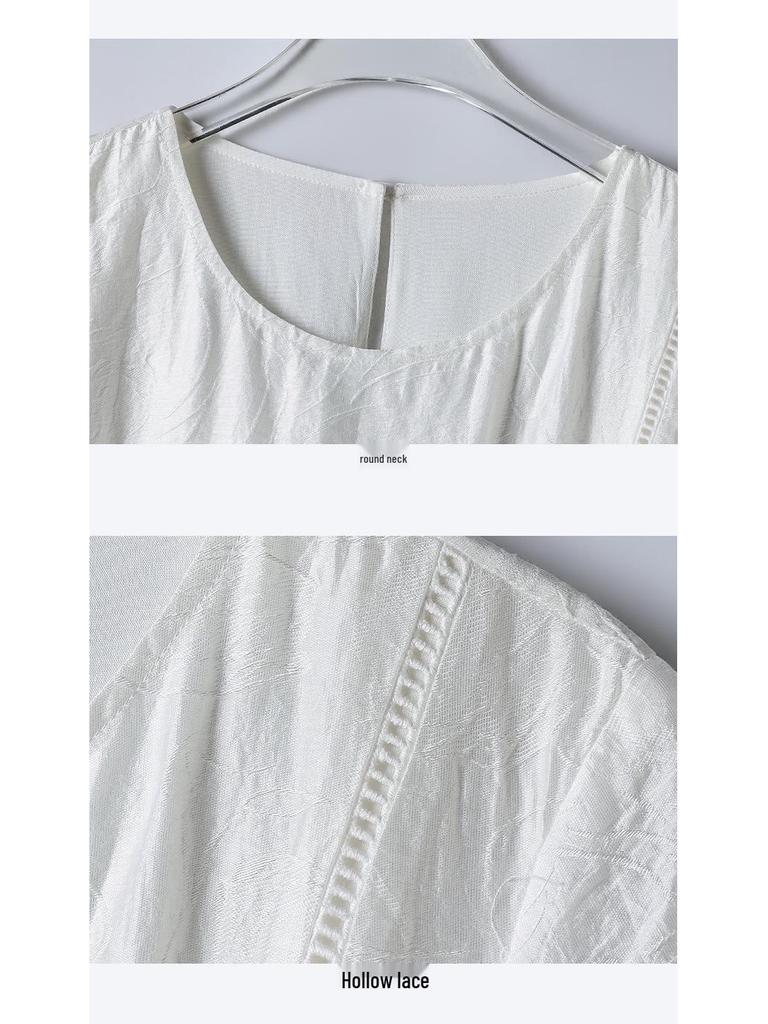 Women's White Cotton Linen Puff Sleeve Belted Midi Dress