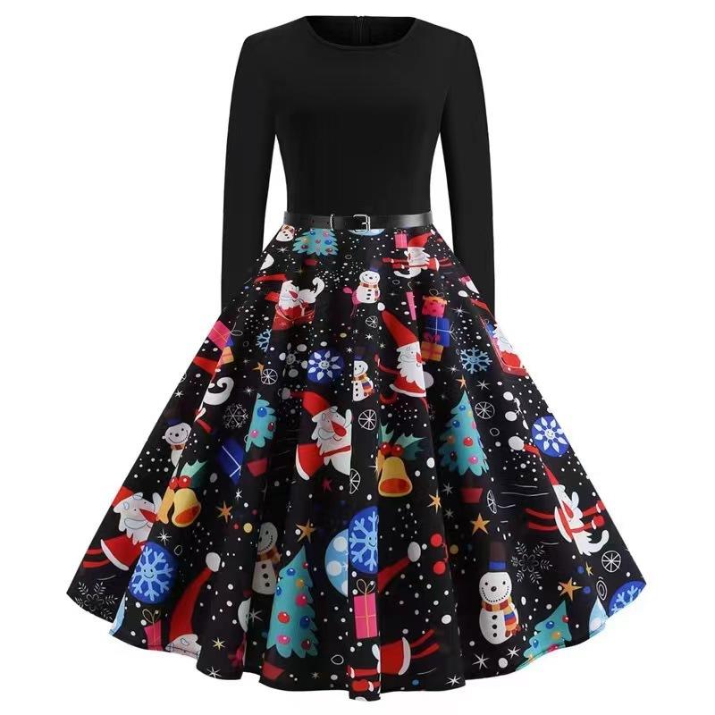 GMXIA Vestito Stampato Autunno Inverno Natale Retro Scollo Tondo Sexy