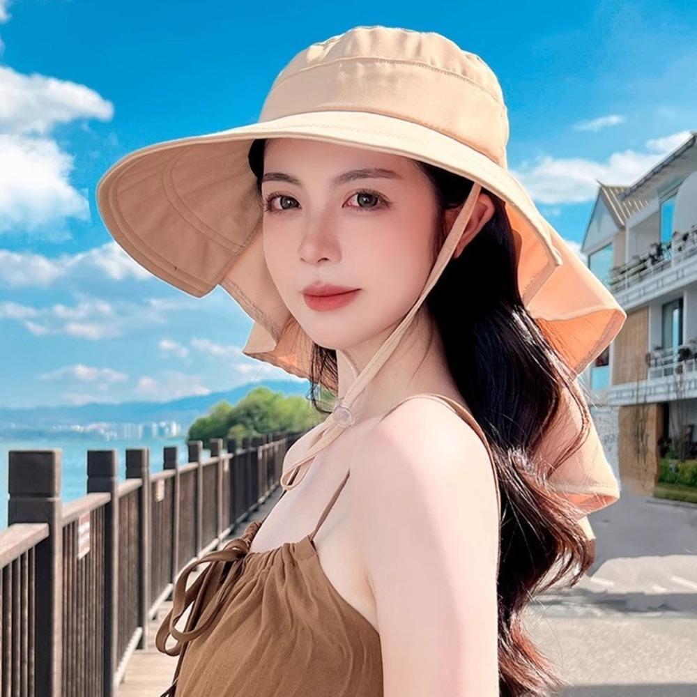 With Shawl Sunshade Bucket Hat with Ponytail Hole Aiti UV Fishman Hat New Design Bow Sun Hat  Beach