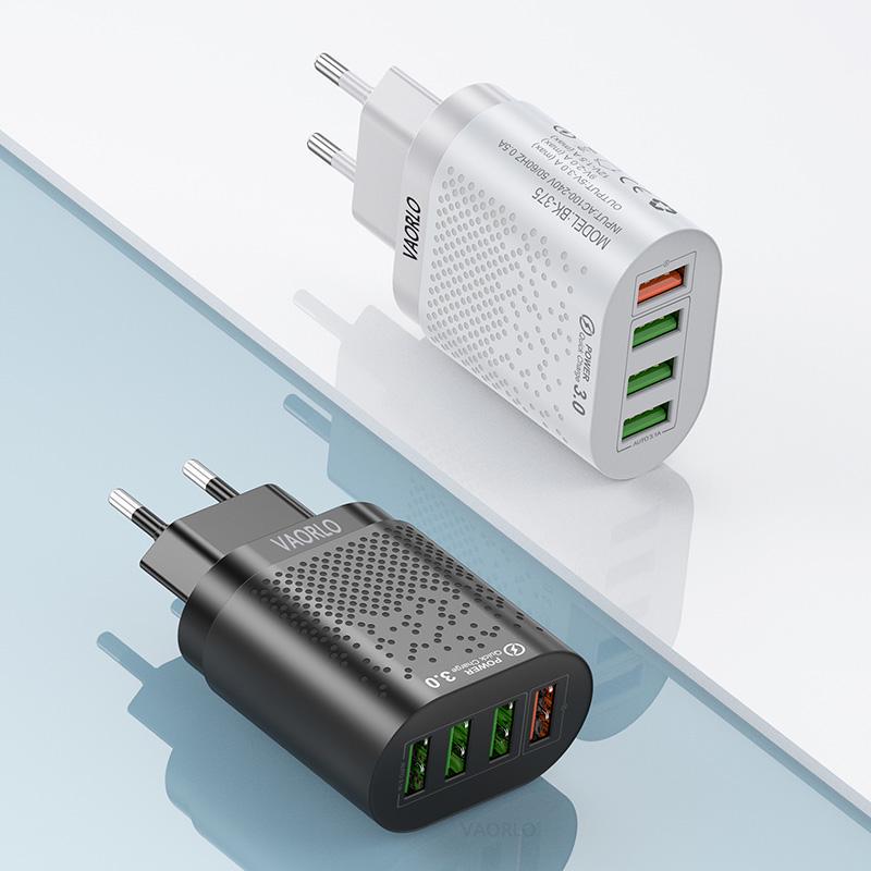 VAORLO 3A Charging Port Fast Charger 4 USB Port LED Light Quickly Charge EU US Plug 48W Charging