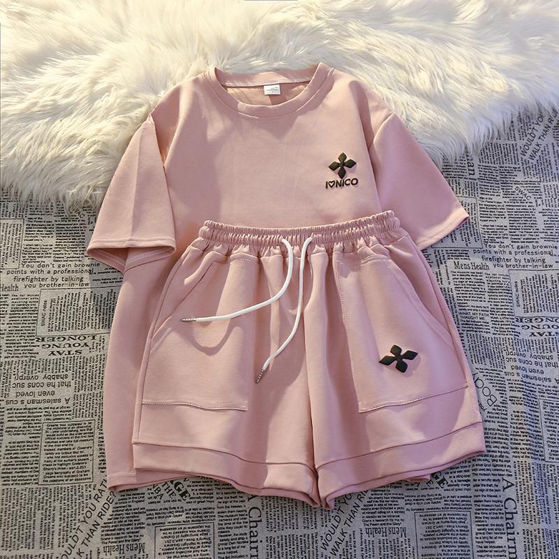 

2025 летняя корейская футболка с коротким рукавом в стиле Харадзюку и шорты y2k комплект из двух предметов для бега для молодой девушки академический стиль повседневные свободные спортивные костюмы для женщин M