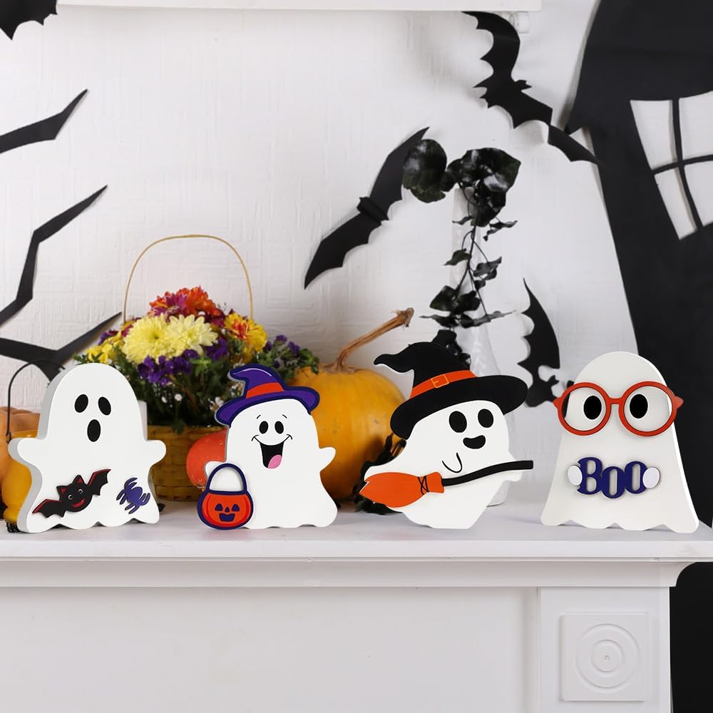 AKEROCK Cute Halloween Decorations Indoor - Halloween Decor/Ghost Decor, 4 PCS Wooden Ghost Halloween Signs for Table, Office Desk, Tiered Tray,