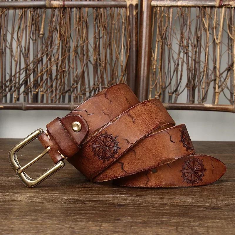 

3,8 см чоловічі високоякісні пояси з натуральної шкіри, розкішні дизайнерські ремені з гравіюванням на мідній пряжці Чоловічі чоловічі джинси з ремінцем із чистої коров’ячої шкіри 125cm